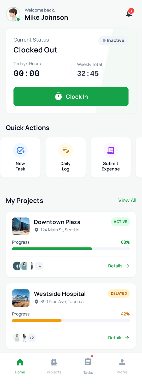 FieldsHub mobile app dashboard