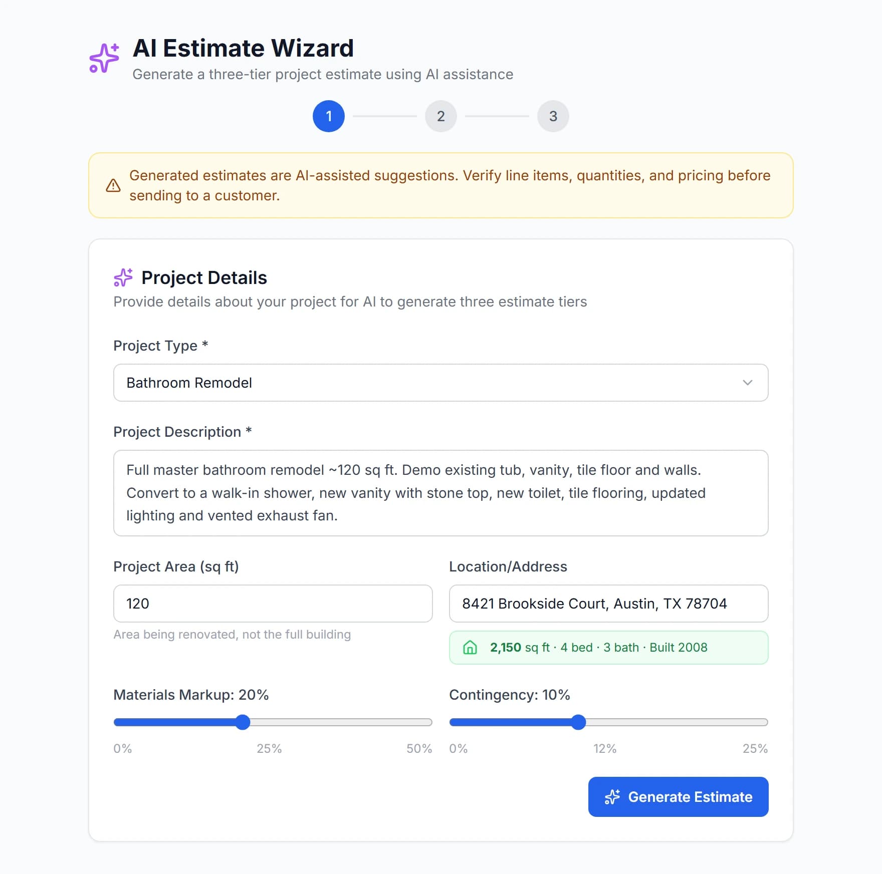 FieldsHub AI Estimate Wizard, step 1: describe the job, trade, size and location