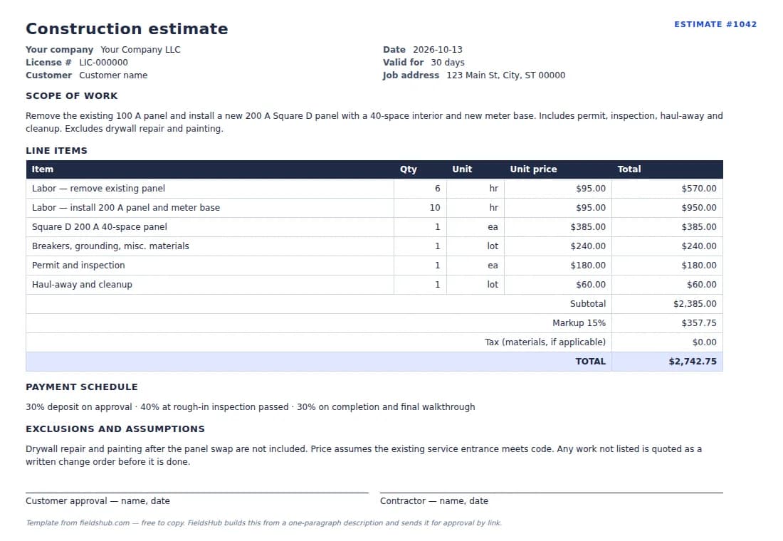 Preview of the construction estimate template: header, scope, line items, totals and payment schedule