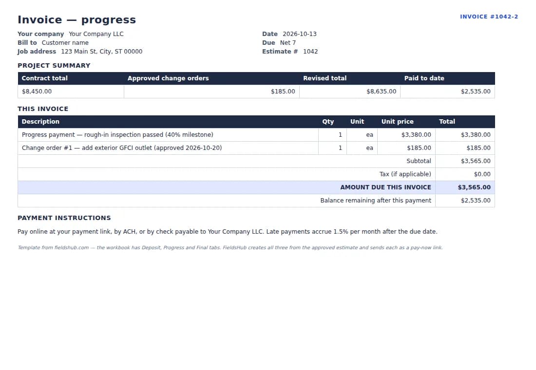 Preview of the construction invoice template: project summary, line items, amount due and balance remaining