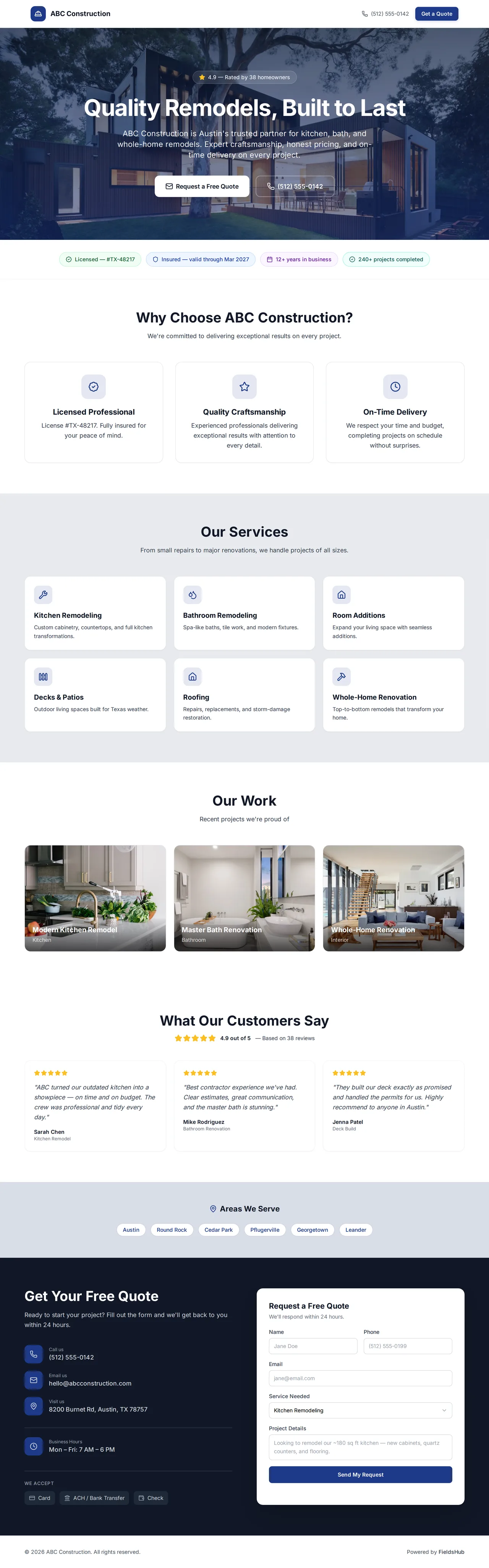 Your FieldsHub contractor business page — services, reviews and a lead-capture form